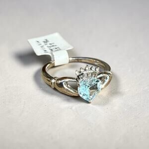 Blue Topaz Diamond Claddagh Ring 925 Sterling Silver Size 7 Love Loyalty Crown